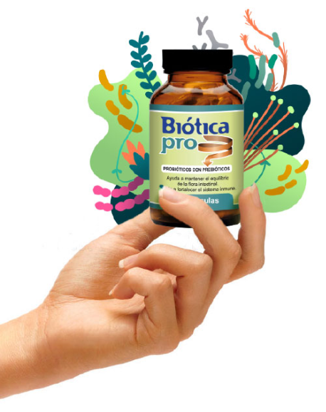 Mano sujetando frasco de Biotica Pro